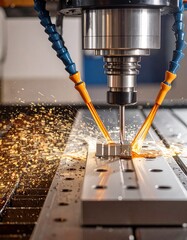 CNC milling machine processing on steel with cooling