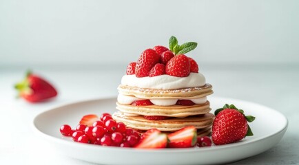 Stack of pancakes with fresh berries and cream on a white plate