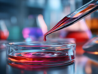 A scientific glass dropper releasing a drop of blood into a transparent glass petri dish.