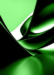 Dynamic abstract background featuring smooth, flowing green and dark metallic curves. Light and shadow creates a modern and elegant visual, perfect for technology, luxury, or futuristic themes.