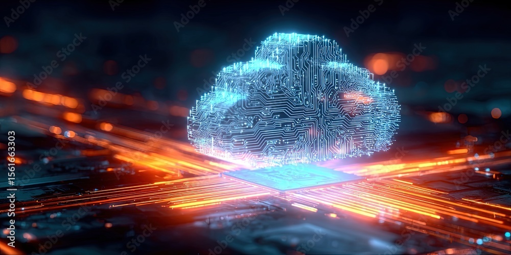 Poster Futuristic digital cloud with neon light effects representing cloud computing technology.