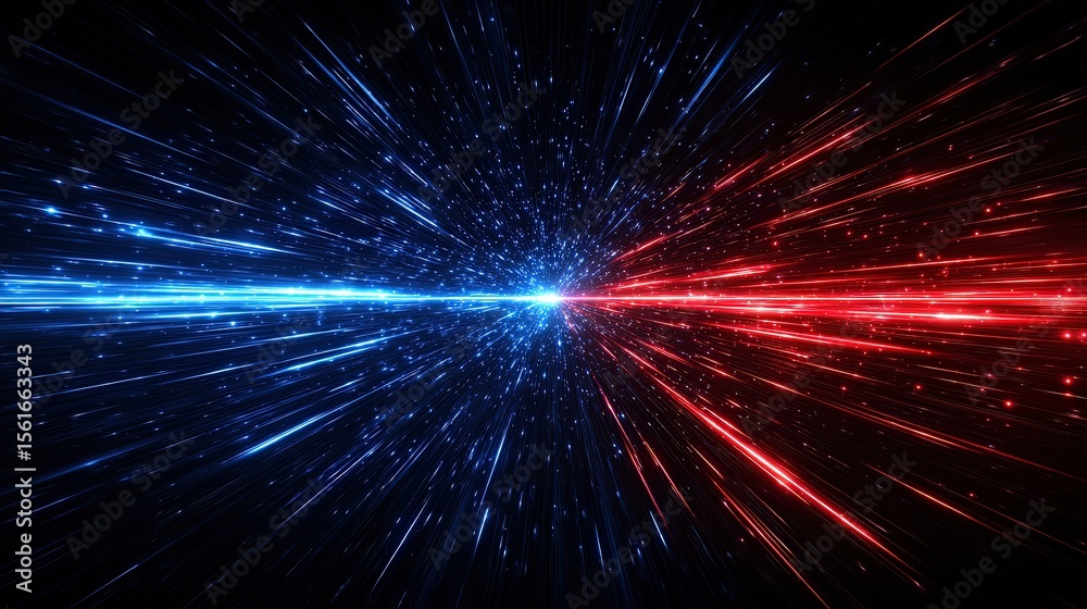 Aufkleber Dynamic laser light beam explosion with red and blue colors in abstract space scene.