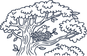 Fototapeta premium Bird sitting in nest on tree branch, hand drawn nature outline wildlife, forest ecosystem, spring season illustration