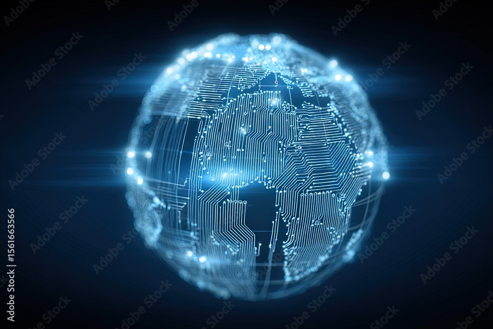 Poster Futuristic digital globe with glowing circuit lines and data points in dark background.