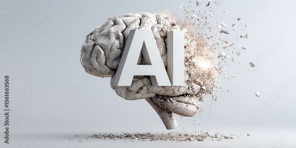 Poster Digital AI brain explosion with shattered fragments and glowing effect.