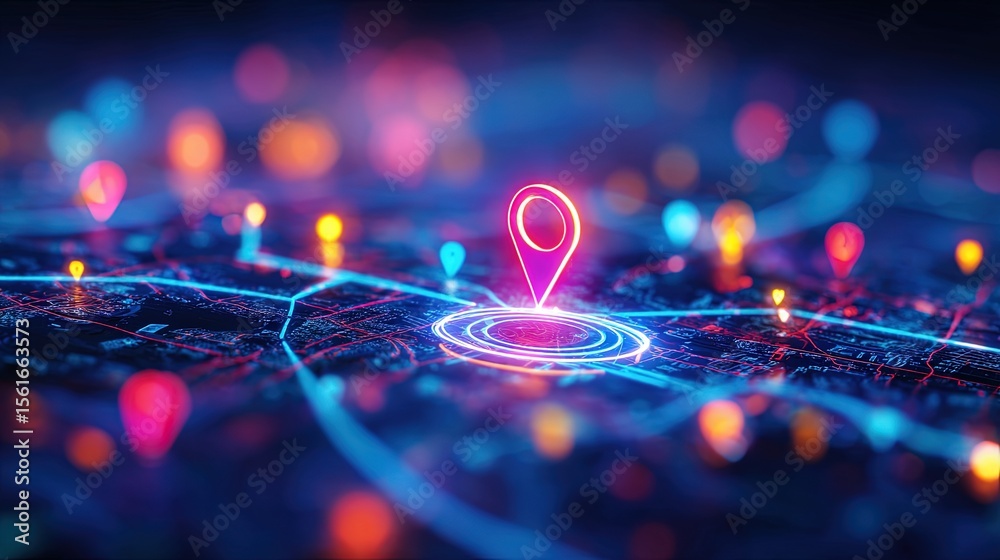 Poster futuristic digital map with glowing location pin and vibrant neon network lights.