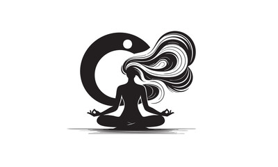 Silhouette of Meditating Figure with Flowing Hair and Crescent Moon Backdrop, Symbolizing Inner Peace and Cosmic Connection