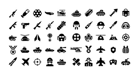Military Outline Icon Set – Editable Stroke Vector with Equipment, Tools, Weapons, Tactical Gear, Vehicles, Communication Devices, and Defense Symbols