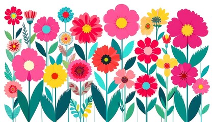 Obraz premium Vibrant vector illustration of various stylized flowers in full bloom with playful shapes and bright colors. Perfect for kids' art, stationery, spring designs, or decorative backgrounds.