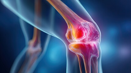 Fototapeta premium Highly detailed medical illustration of human knee joint showing cartilage bones ligaments and synovial fluid in a realistic style.
