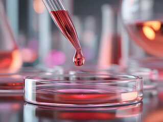 A scientific glass dropper releasing a drop of blood into a transparent glass petri dish.