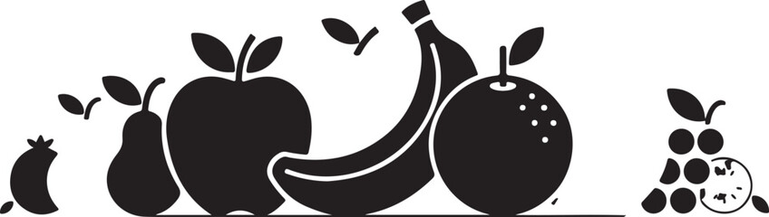 Collection of black fruit icons including apple banana orange grapes strawberry blueberries cherries pineapple watermelon mango