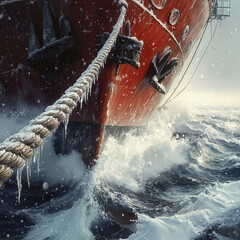 Fototapeta premium Ship bow cutting through icy waves 