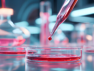 A scientific glass dropper releasing a drop of blood into a transparent glass petri dish.