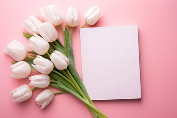 Fototapeta premium White blank notebook with tulip flowers