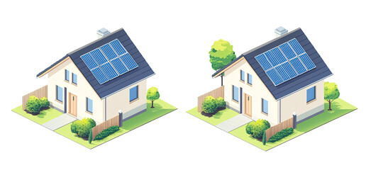 Two identical, isometric houses with solar panels on the roofs, surrounded by landscaping and a fence