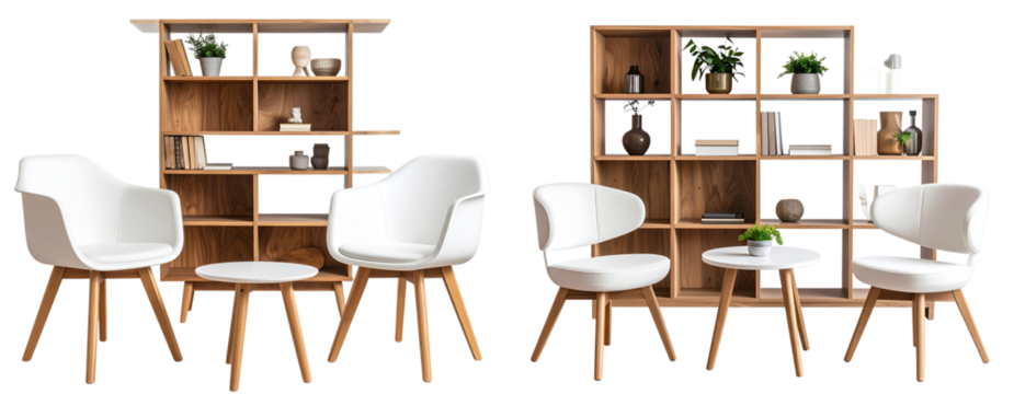 Modern Furniture Set with Minimalist Chairs, Tables, and Shelves, isolated on transparent background PNG