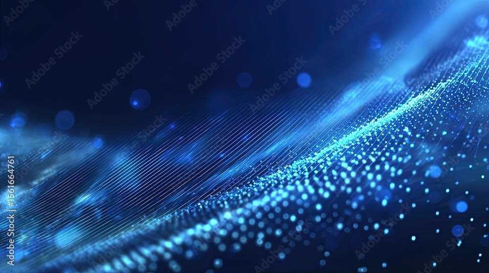 Poster Abstract digital data stream with glowing particles and dynamic blue wave pattern.