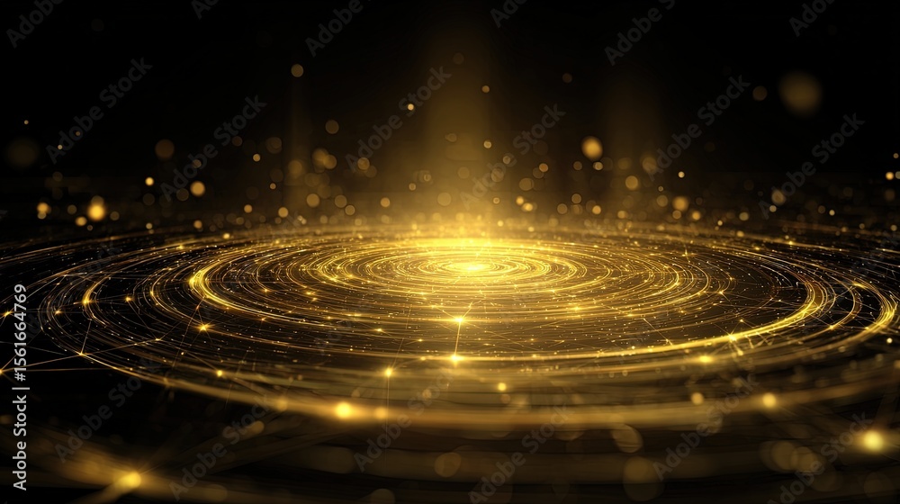 Poster Glowing golden abstract circular pattern with radiant light particles and sparkles.