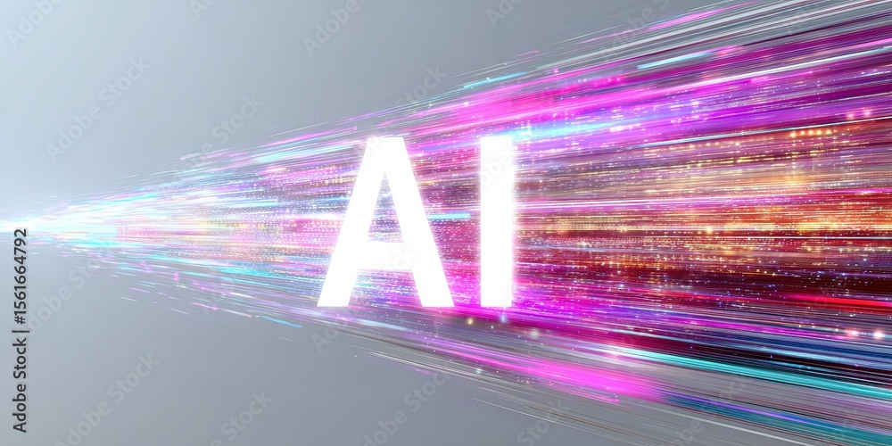Poster Dynamic Digital Data Stream with Bright Colorful Light Trails and AI Concept.