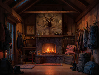 Cozy cabin interior with a roaring fireplace
