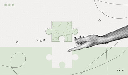 Trendy Halftone Collage Hand connecting puzzle piece together. Teamwork concept. Business idea and solution. Partnership relationship. New startup. Career development. Vector contemporary art