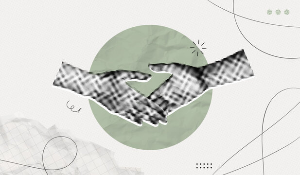 Trendy Halftone Collage with Human Hands Shaking. Contemporary art collage. Concept of business, success, teamwork. Deal agreement. Partners work together. Cooperation concept. Paper design elements