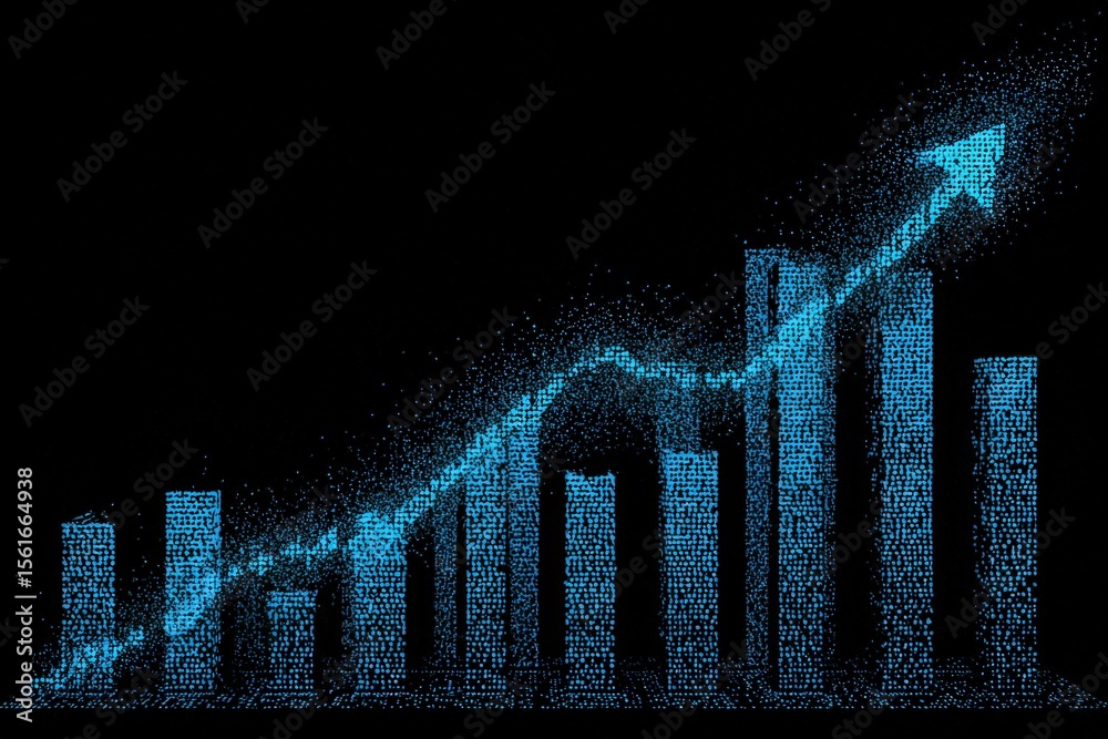 Poster Dynamic digital blue graph with upward trend and increasing bar chart visual.