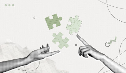 Trendy Halftone Collage Two Hands with puzzle pieces. Teamwork concept. Business idea and solution. Partnership relationship. New startup. Career development. Contemporary vector illustration art