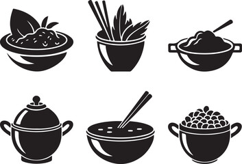 Minimalist black silhouette of mulligatawny soup bowl with curry broth and rice