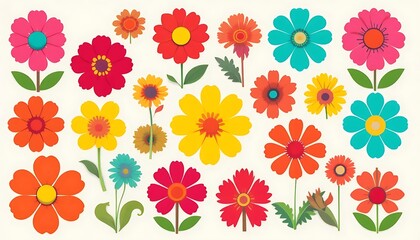 Vibrant vector illustration of various stylized flowers in full bloom with playful shapes and bright colors. Perfect for kids' art, stationery, spring designs, or decorative backgrounds.