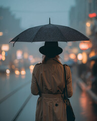Woman with umbrella walking in rainy city

