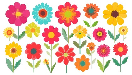 Vibrant vector illustration of various stylized flowers in full bloom with playful shapes and bright colors. Perfect for kids' art, stationery, spring designs, or decorative backgrounds.