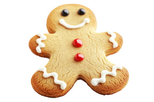Festive gingerbread man cookie, light golden-brown, iced with white icing and red dots for eyes and a smile