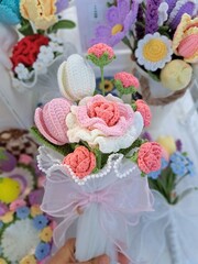 pink flower bouquet in a crochet shop