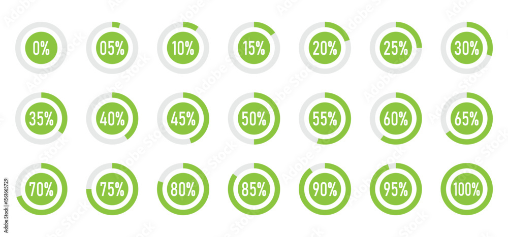 Poster percentage circle set. progress or loading percentage infographic icons containing 0% to 100% with 5