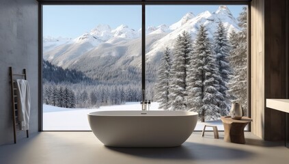 A modern bathroom with a freestanding bathtub overlooks a snowy mountain landscape through large floor-to-ceiling windows.