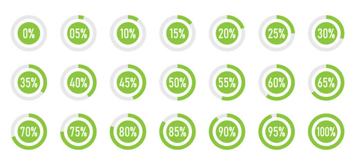 Percentage circle set. Progress or loading percentage infographic icons containing 0% to 100% with 5% increase. Transparent vector for app, UI, website and animation design element.