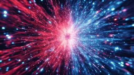 Fototapeta premium Vibrant Cosmic Explosion of Bright Red and Blue Particles Radiating Outward in Space Scene.