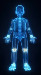 Detailed medical illustration of a human skeleton with emphasis on joints and bones in a neon glow style.