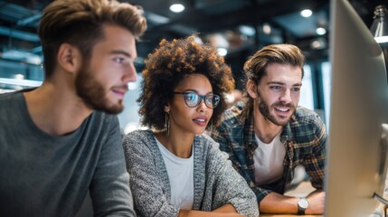 Diverse group of young adults collaborating and using computers in modern office space.