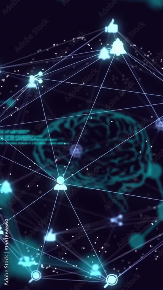 Poster animation of globe of connections over data processing and icons on black background