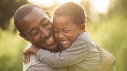 Fototapeta premium Joyful African American father and son smiling outdoors in sunlit park.