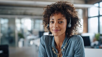 Friendly young woman with curly hair wearing headphones working in modern office space.