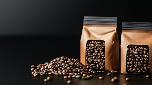 modern packaging mockup for coffee beans in flat-bottom bag, zip-lock top, subtle reflection on glossy black background, soft studio light, realistic shadows, blank front panel, professional - Powered by Adobe