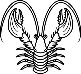 Lobster outline drawing isolated crustacean sketch, marine seafood icon, monochrome animal illustration
