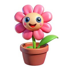 Cute cartoon pink flower with a happy face in a terracotta pot