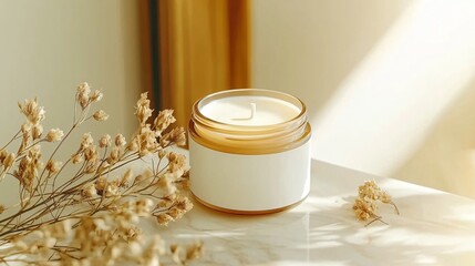 blank round label on candle jar mockup, placed on marble tabletop with dried flowers nearby, golden hour lighting, elegant boutique ambiance, perfect for artisan product branding