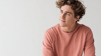 Obraz premium Young man with curly hair wearing casual pink shirt looking thoughtfully to the side.