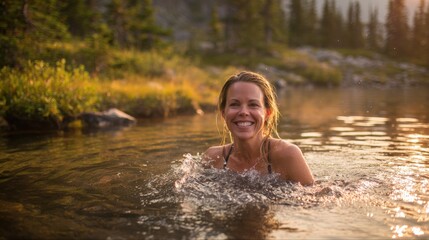 Fototapeta premium Happy woman swimming in clear river surrounded by nature during sunny day.